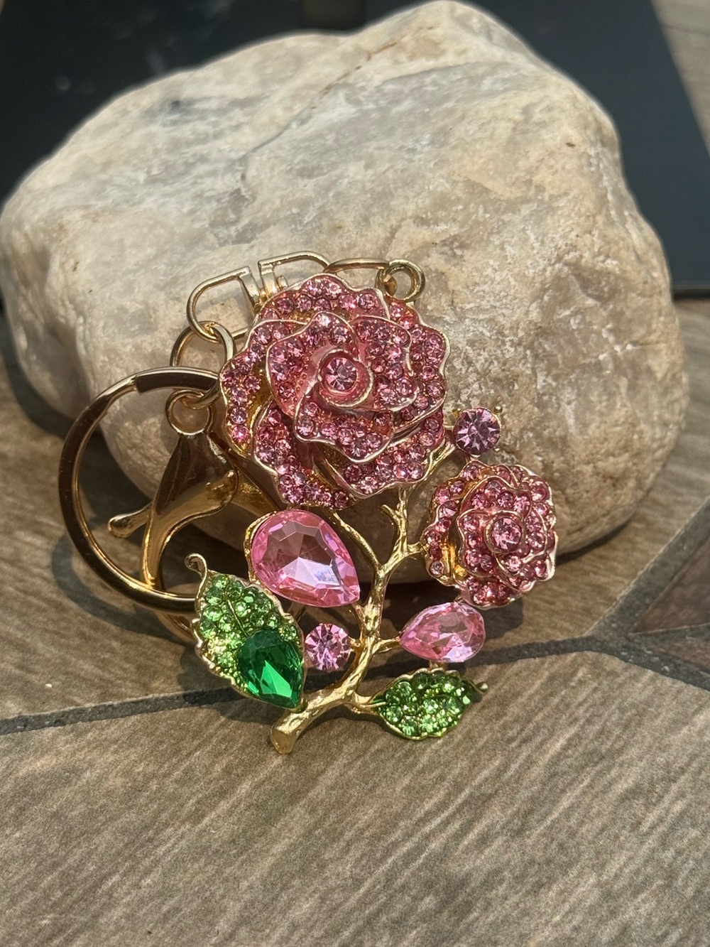 Gold-Tone Pink Crystal Rose Keychain and Card Holder Charm
